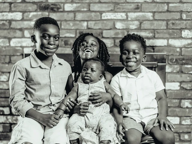 Four siblings squeeze together on a bench, the baby in the middle
