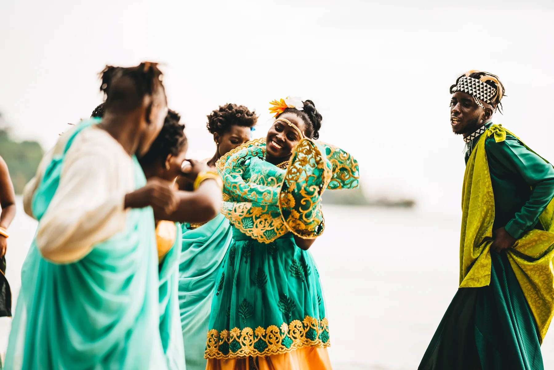 Wedding guests dancing together during a celebration