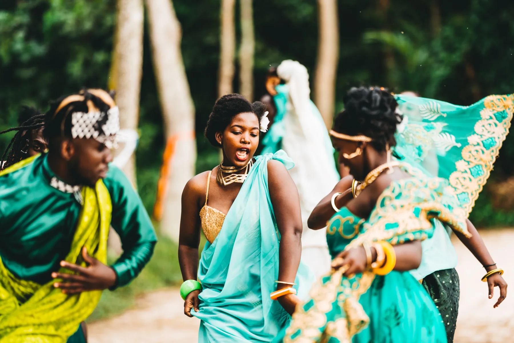 A newly married couple walking together during their wedding celebration