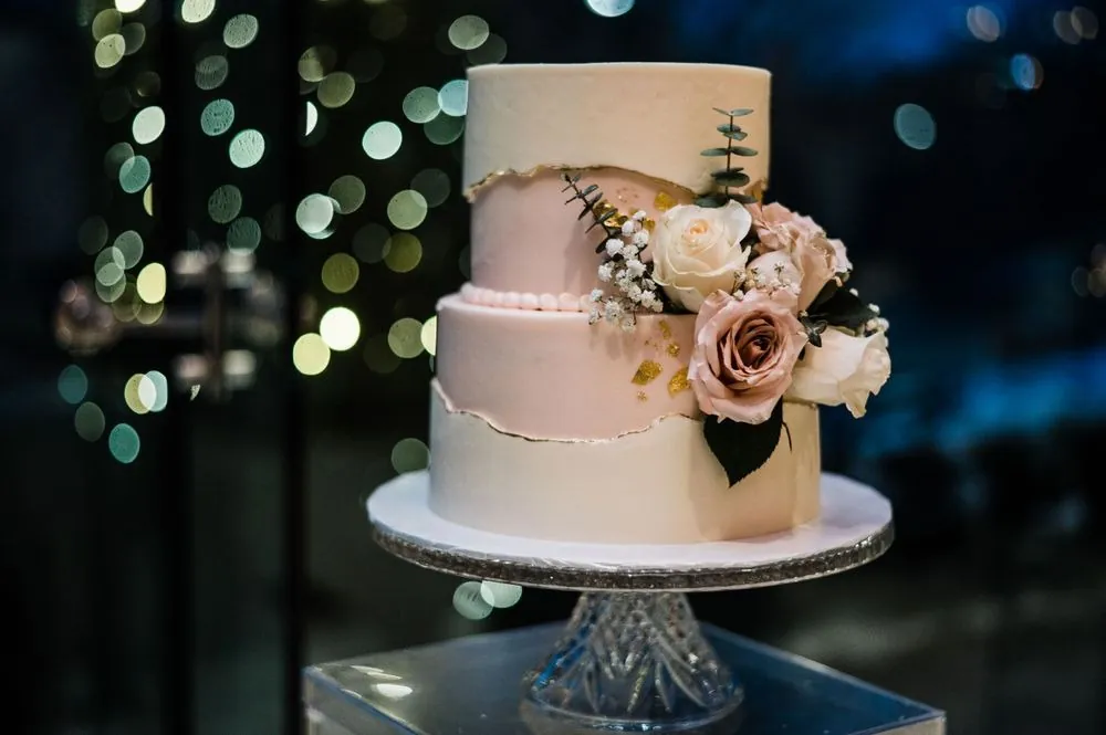 A pale pink 2-tier cake with sugar roses glows against dark bokeh