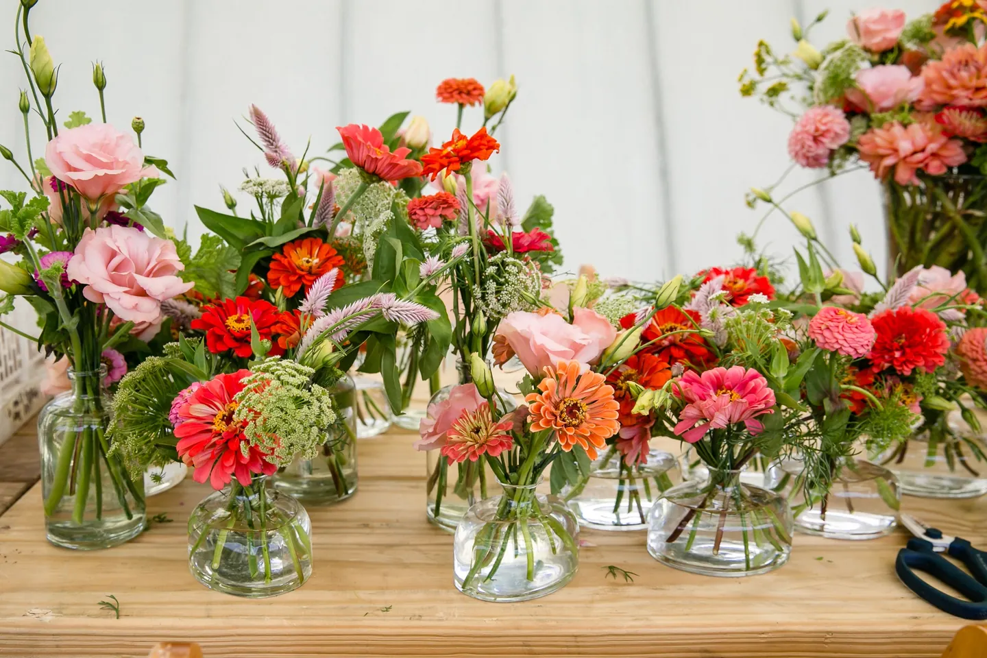 Jars of pink and orange zinnias lined up on a wooden table by a window