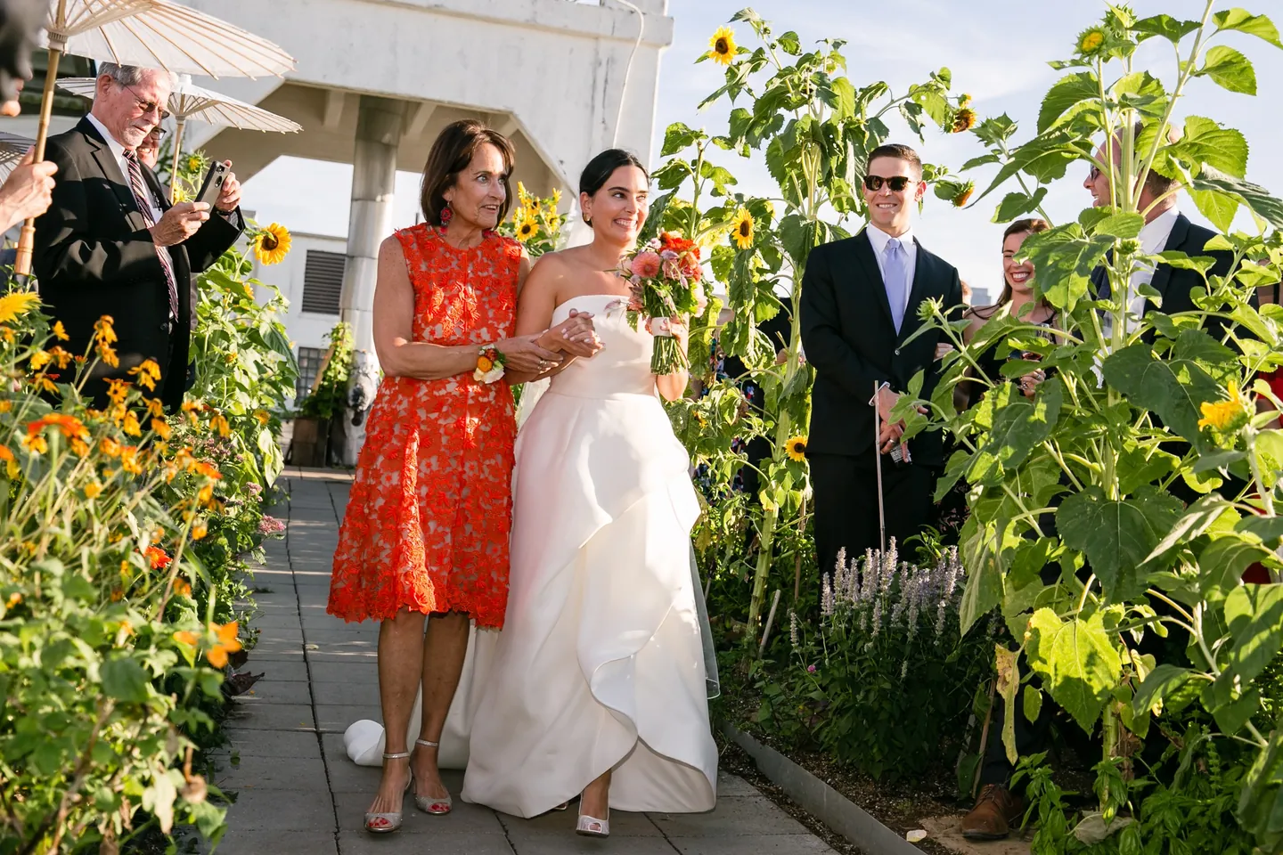 The bride walks between tall sunflowers beside a woman in a red lace dress