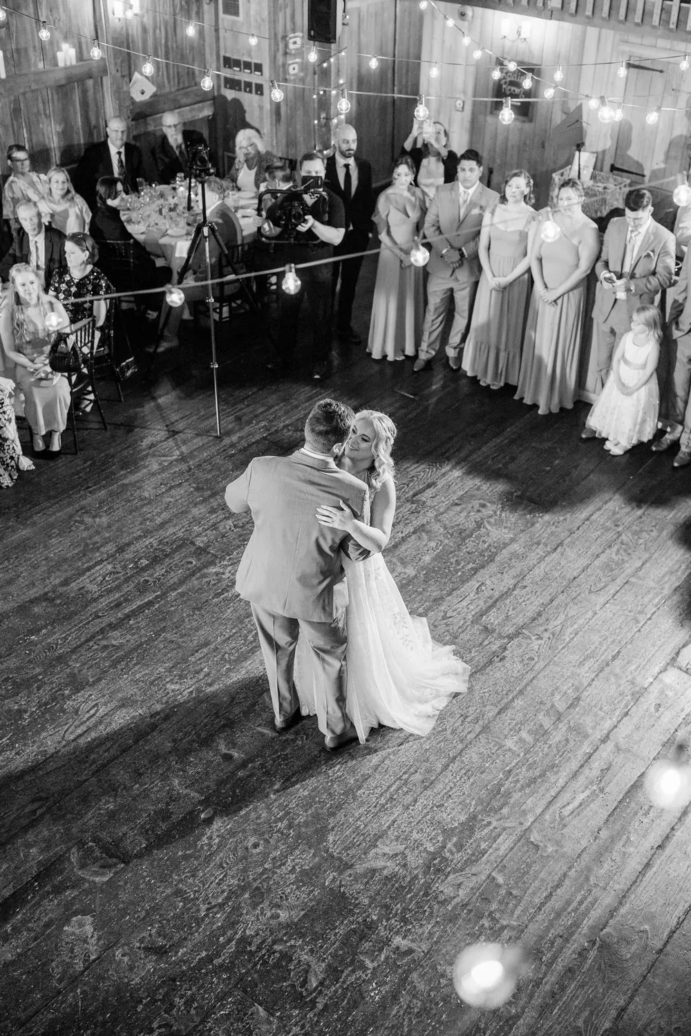 Black and white from the loft of the first dance on the barn floor