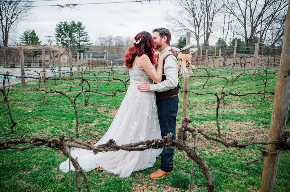 Ashley and Brian kiss in the vineyard, framed by twisted bare vines and green grass