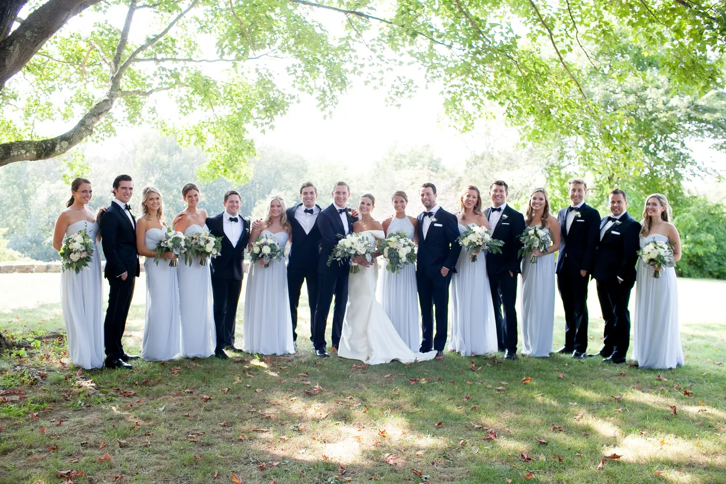 The full wedding party lines up on the grass beneath tall shade trees