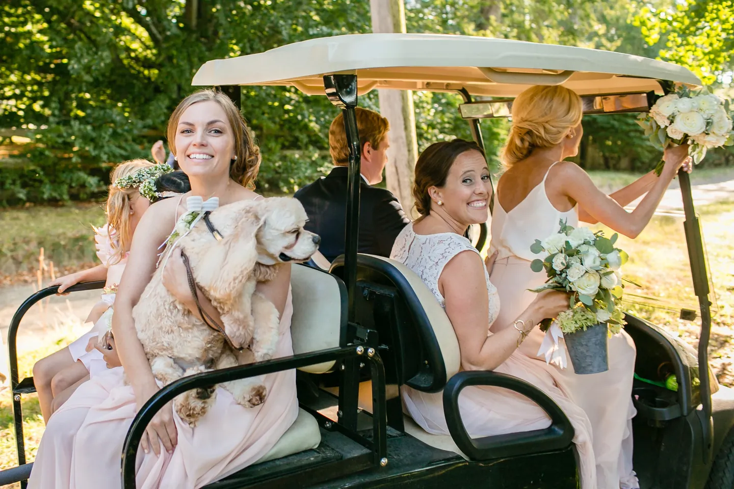 Bridesmaids ride in a golf cart with flower girls and a cocker spaniel wearing a bow tie