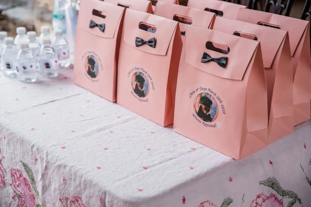 Pink favor bags printed with small black bow ties lined up on a table