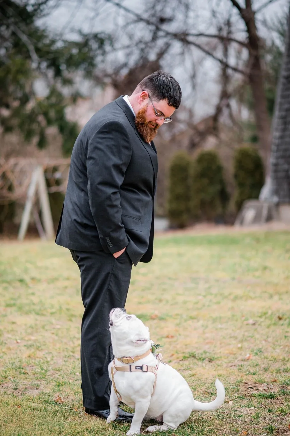 The groom in a charcoal suit waits on the lawn beside a white bulldog